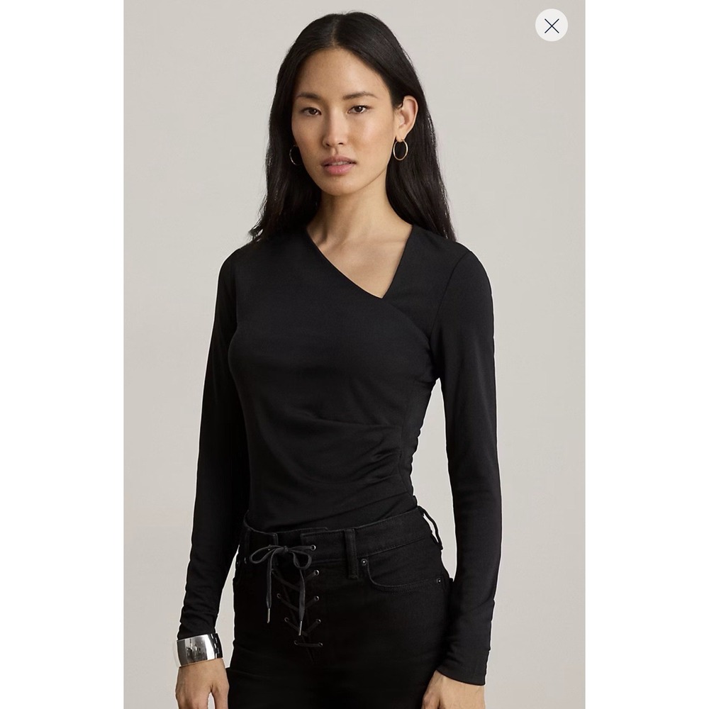 NWT Lauren Ralph Lauren Women M Black Ruched Asymmetrical Long Sleeve Top $99